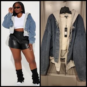 Fashion Nova Blue Denim Bomber Jacket with Gray Hoodie